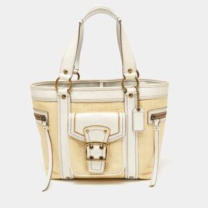 Coach Cream Woven Straw and Leather Legacy Buckle Tote
